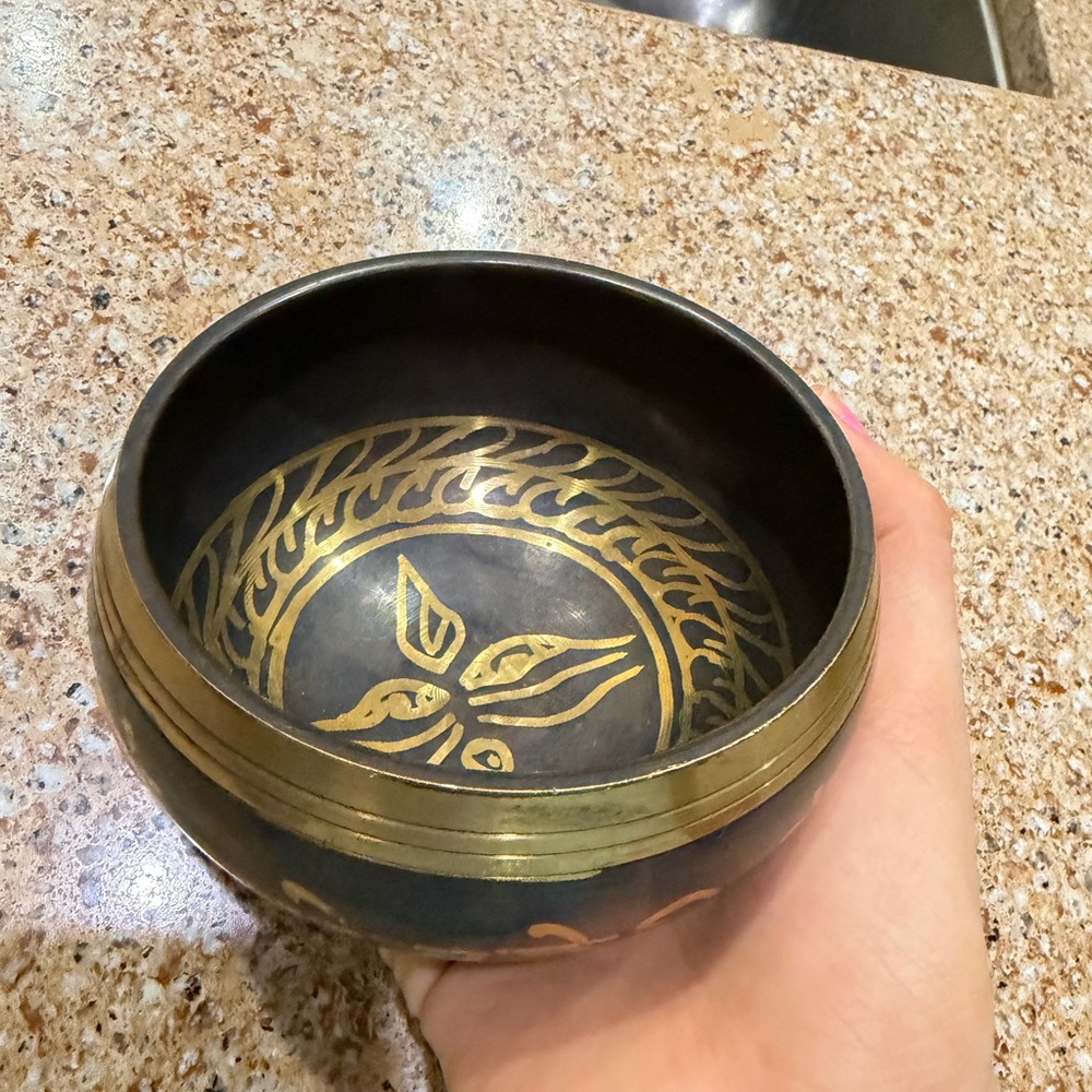 Vintage Small Brass Tibetan Singing Bowl 4.5" Brown & Gold Hand Painted Buddhism
